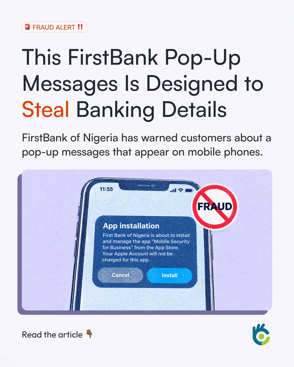 gowaly_official's tweet photo. 🚨 New fraud alert ‼️ 
“App Installation.”
Sounds innocent. It isn’t. Here’s what you need to know about the latest FirstBank fraud. 👀

🔗 Read the full article here 👇🏾

https://t.co/uHcXoyxlzJ https://t.co/3hHMKOgsMu