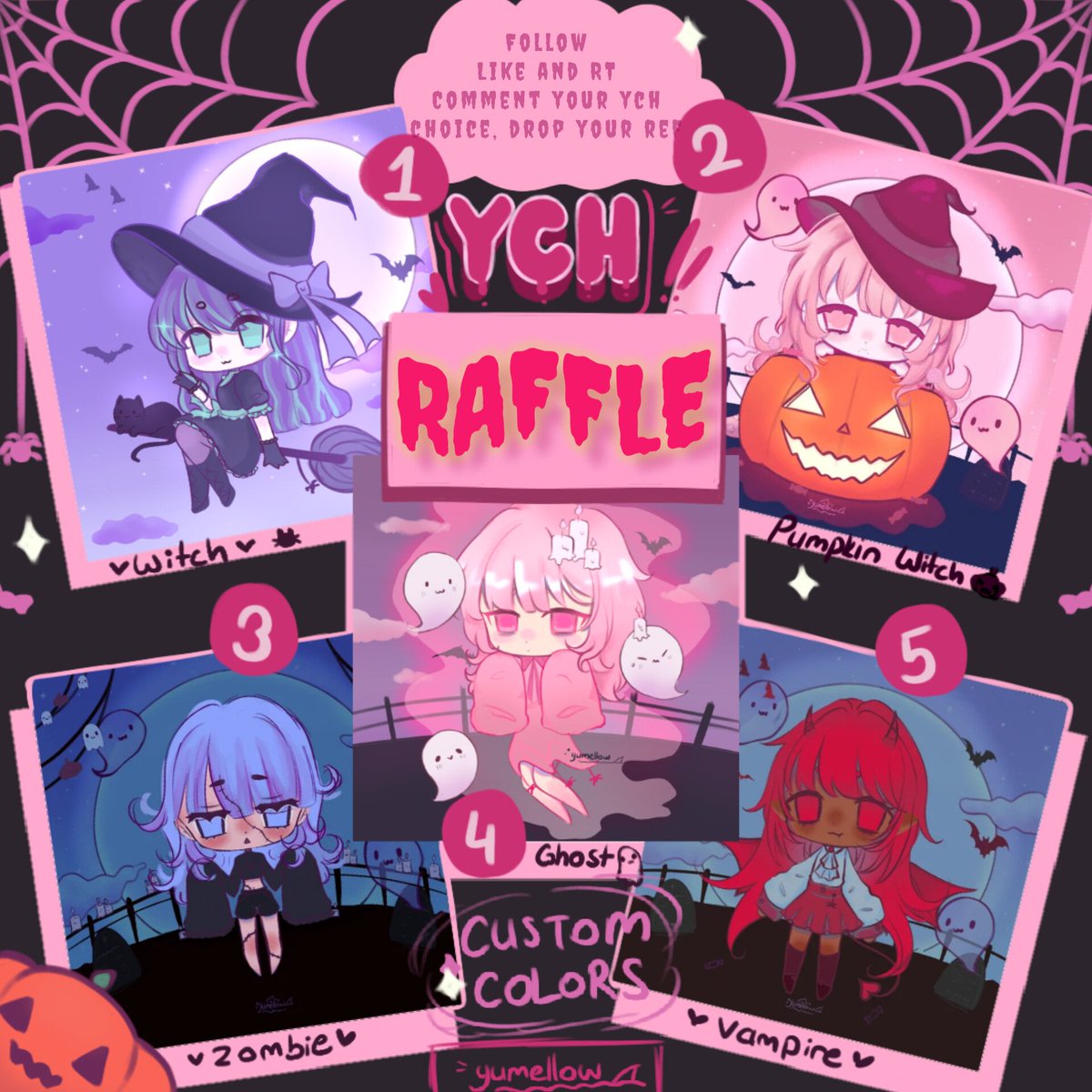 yumeyuuv11's tweet photo. 🎃 HALLOWEEN RAFFLE! 👻

I finally decided to host a little raffle for the first time!

There will be 2winners!

To enter:
Follow me
Like + RT
Comment your YCH choice (1–5)
Drop your ref below!

Ends in a week, Good luck!! 🦇💕

#artraffle #artmoots #smallartists #raffle https://t.co/qsrUY4pln6