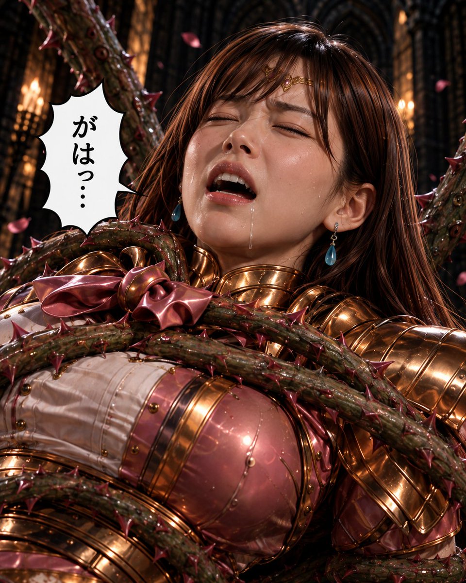 GmKinpira39914's tweet photo. セシル風ラスティ続き。

薔薇の蔦に捕らえられたラスティ。
棘のある蔦は白く透き通るようなラスティの肌に食い込んでいく。痛みでラスティの表情が歪む。

「ふふ⋯貴様も村娘達同様、私の糧となるのだ!!」
「だ、誰が⋯くっ⋯！」
「我等闇の住人の真の力⋯思い知るがよいわっ!!」

ラスティを締め付ける蔦の力が更に強まる。
締め付けが強くなるたび、ラスティの悲鳴が城中にこだまする。

「はうっ!!」

「ああっ!!!」

「がはっ⋯」
既に勝利を確信したメルローズは、苦しむラスティを見て興奮したのか、自分の胸や股間を愛撫し始める。
「ははは、良い眺めだ　存分に苦しめ!!」
#AIart
#戦隊ヒロイン
#捜査官ラスティ
#魔剣戦記decide