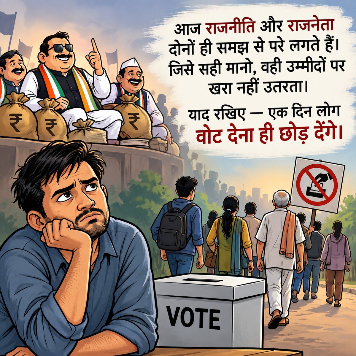 tryaks89's tweet photo. आज राजनीति और राजनेता दोनों ही समझ से परे लगते हैं।
जिसे सही मानो, वही उम्मीदों पर खरा नहीं उतरता।

याद रखिए—एक दिन लोग वोट देना ही छोड़ देंगे। https://t.co/YLuydpvf0l