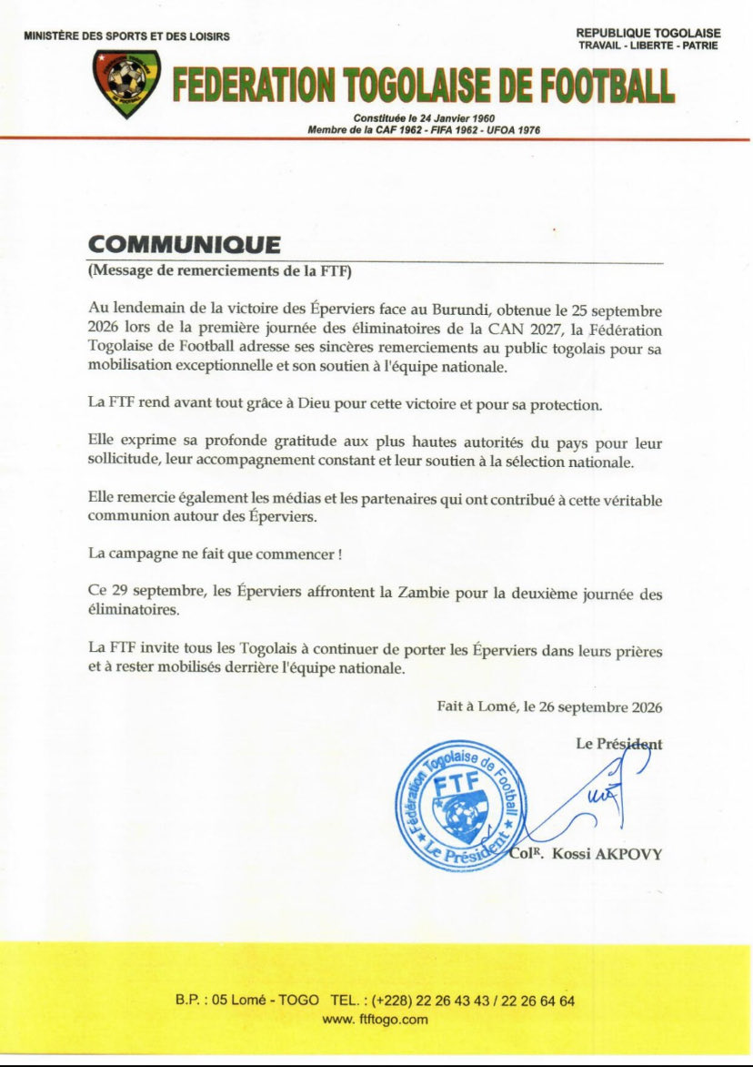 KodjoAliPros's tweet photo. Victoire des #Éperviers du #Togo face à #Burundi à un Score de 1 but à Zéro #FTF exprime sa reconnaissance envers le Public et félicite toutes les autorités du pays et les médias pour cette victoire.
Rendez-vous 29/09/26 face à #Zambie
#ZAMTOG #FTF #EperviersDuTogo https://t.co/ERQEjWjmVH