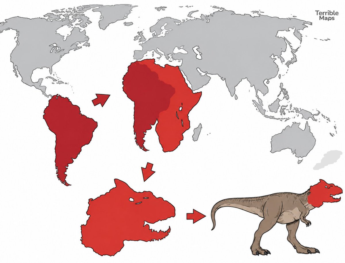 TerribleMaps's tweet photo. How to turn South America into a T. rex https://t.co/1DlKcbi7p8
