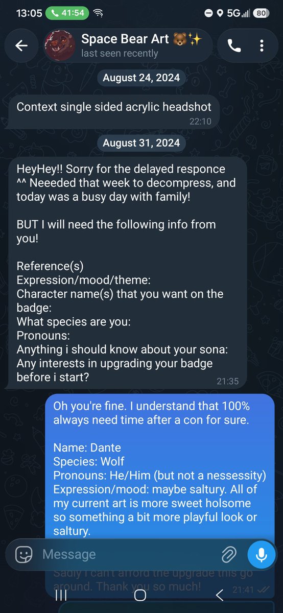Dantewuff's tweet photo. @IndyFurCon @FurFest @anthrocon @FurryWeekend beware of an artist that has been scamming people. I purchased an acrylic badge in 2024 at ifc from @ASpaceForBear. To this day they have bearly kept in contact and have refused to either finish my badge or give me a refund. https://t.co/HxtyqAfYwc