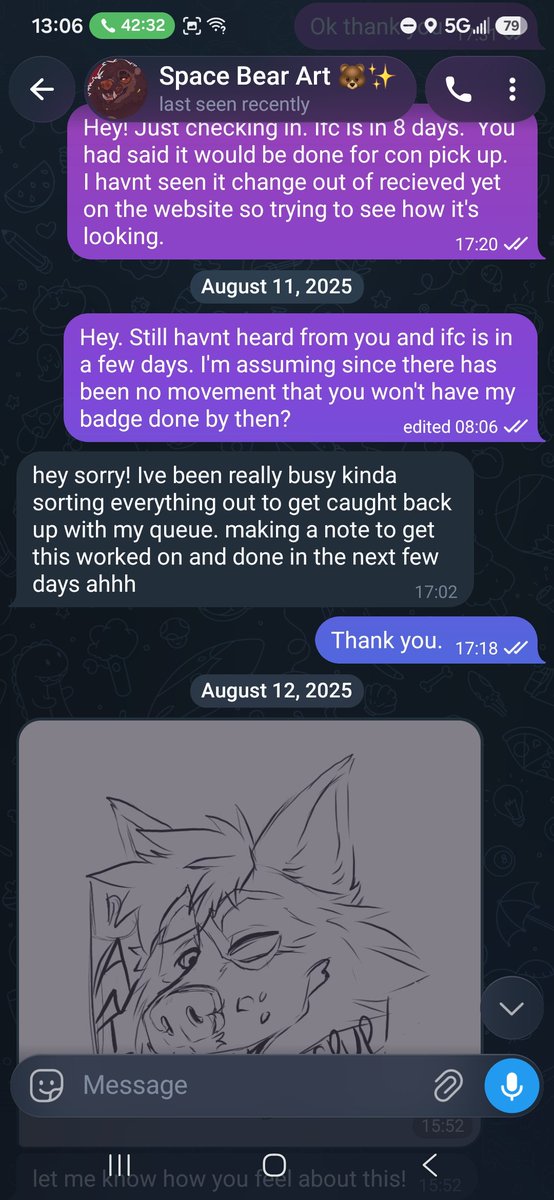 Dantewuff's tweet photo. @IndyFurCon @FurFest @anthrocon @FurryWeekend beware of an artist that has been scamming people. I purchased an acrylic badge in 2024 at ifc from @ASpaceForBear. To this day they have bearly kept in contact and have refused to either finish my badge or give me a refund. https://t.co/HxtyqAfYwc