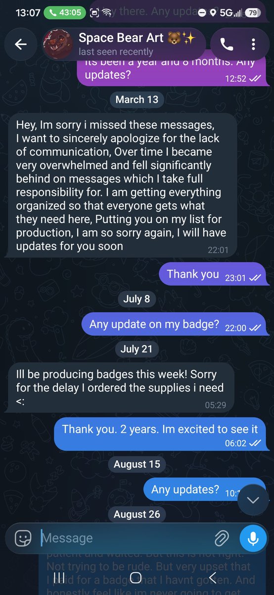 Dantewuff's tweet photo. @IndyFurCon @FurFest @anthrocon @FurryWeekend beware of an artist that has been scamming people. I purchased an acrylic badge in 2024 at ifc from @ASpaceForBear. To this day they have bearly kept in contact and have refused to either finish my badge or give me a refund. https://t.co/HxtyqAfYwc