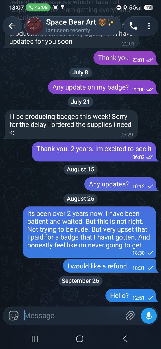 Dantewuff's tweet photo. @IndyFurCon @FurFest @anthrocon @FurryWeekend beware of an artist that has been scamming people. I purchased an acrylic badge in 2024 at ifc from @ASpaceForBear. To this day they have bearly kept in contact and have refused to either finish my badge or give me a refund. https://t.co/HxtyqAfYwc