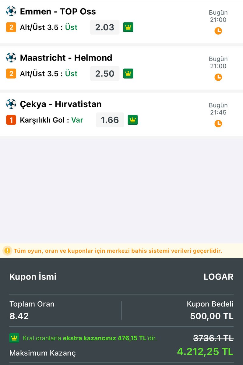 logarBahis's tweet photo. ✍️✍️✍️

DOSTLAR 3 MAÇ 8 ORAN...🫡

SİSTEM 2-3 KUPONUMUZ VAR BİR DE...🔥

BOL ŞANSSS...🙋 https://t.co/oQAnPQWrMf