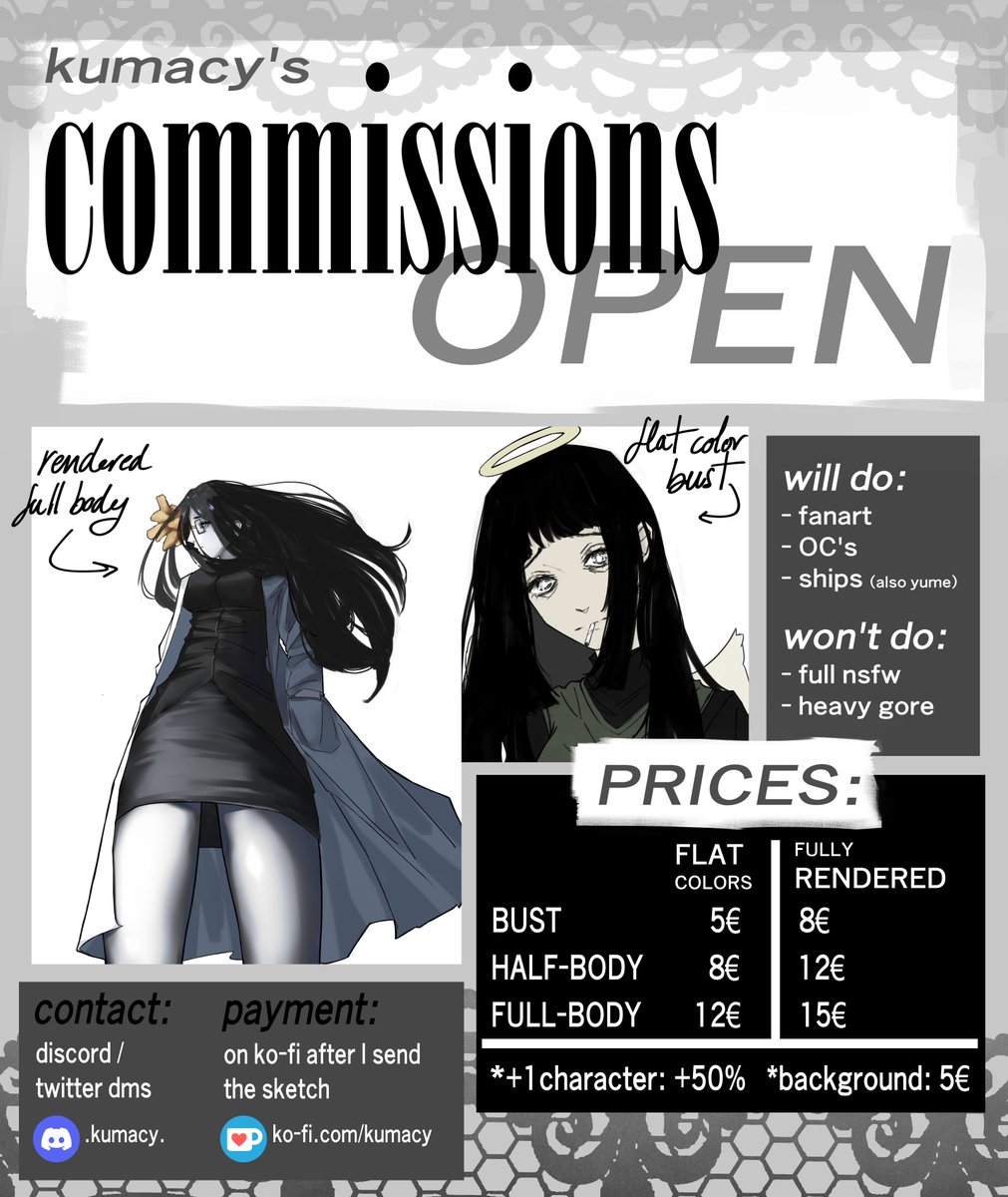 kumac_y's tweet photo. everyone... my COMMISSIONS are officially OPEN!!
here's most of the information, + info in the thread (including the Coralmissions discount, my ko-fi and my art megathread!) https://t.co/l5c9UqrUBJ