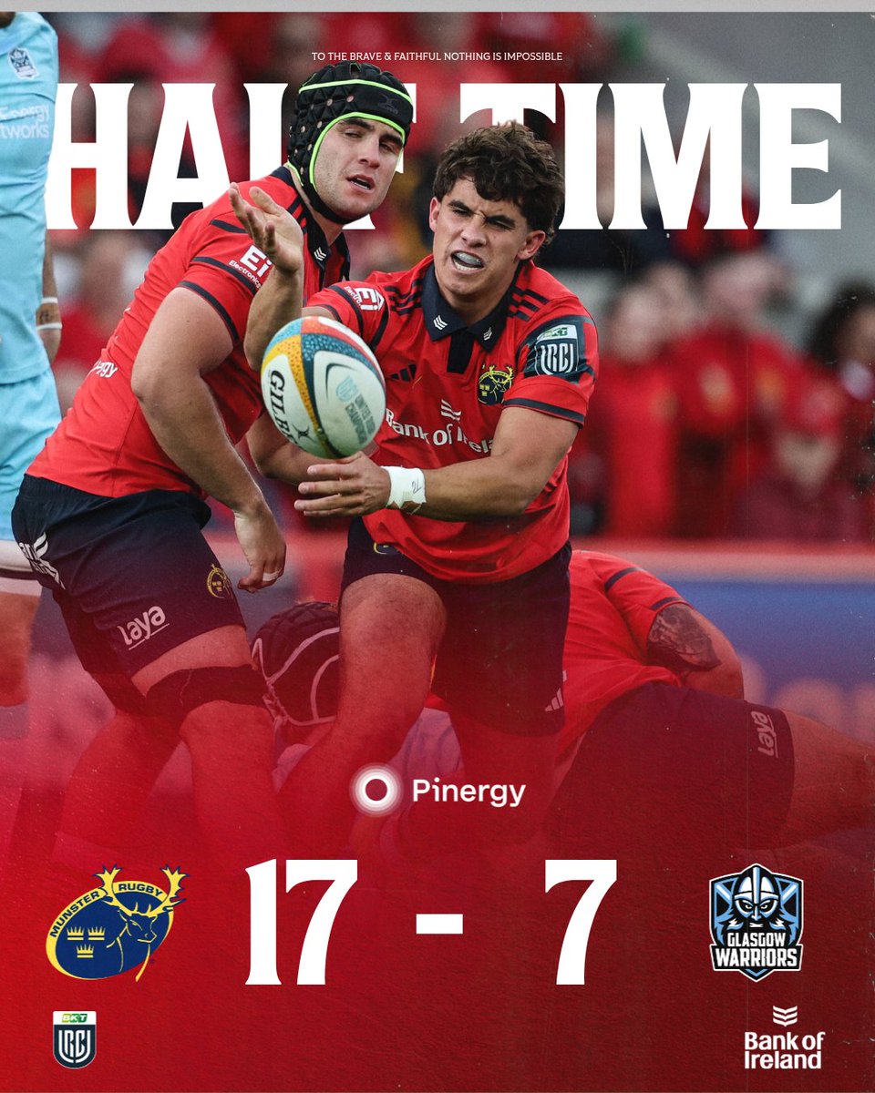Munsterrugby's tweet photo. Half-time in Thomond Park and we lead 💪

Tries from Ben O'Connor and Mikey Milne, and seven points from the boot of JJ Hanrahan have us in front. 

#SUAF 🔴 | #MUNvGLA https://t.co/zlQT5tczFs
