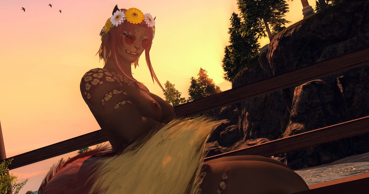 IzabelLorcan's tweet photo. Izabel hopes you are enjoying the sunrise~ that IS what you're looking at... right? 🤭💛

☀️ #ffxivnsfw #nsfwgpose #gposernsfw #ffxivlewds #ffxivafterdark #femhroth #hrothgal #izacatnsfw ☀️ https://t.co/ElzaQKONFo
