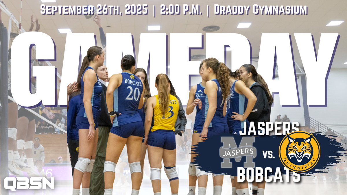 QBSN's tweet photo. VBALL: @QU_WVB looks to secure their first conference win as they travel to New York to face the @JaspersVB.

⏰: 2 p.m.
📍: Draddy Gymnasium
🆚: @GoJaspers 
🎙️: @PatMcGugan_1 &amp; @CaitlynLibetti 

#MetroVB https://t.co/O3cXsLezXS