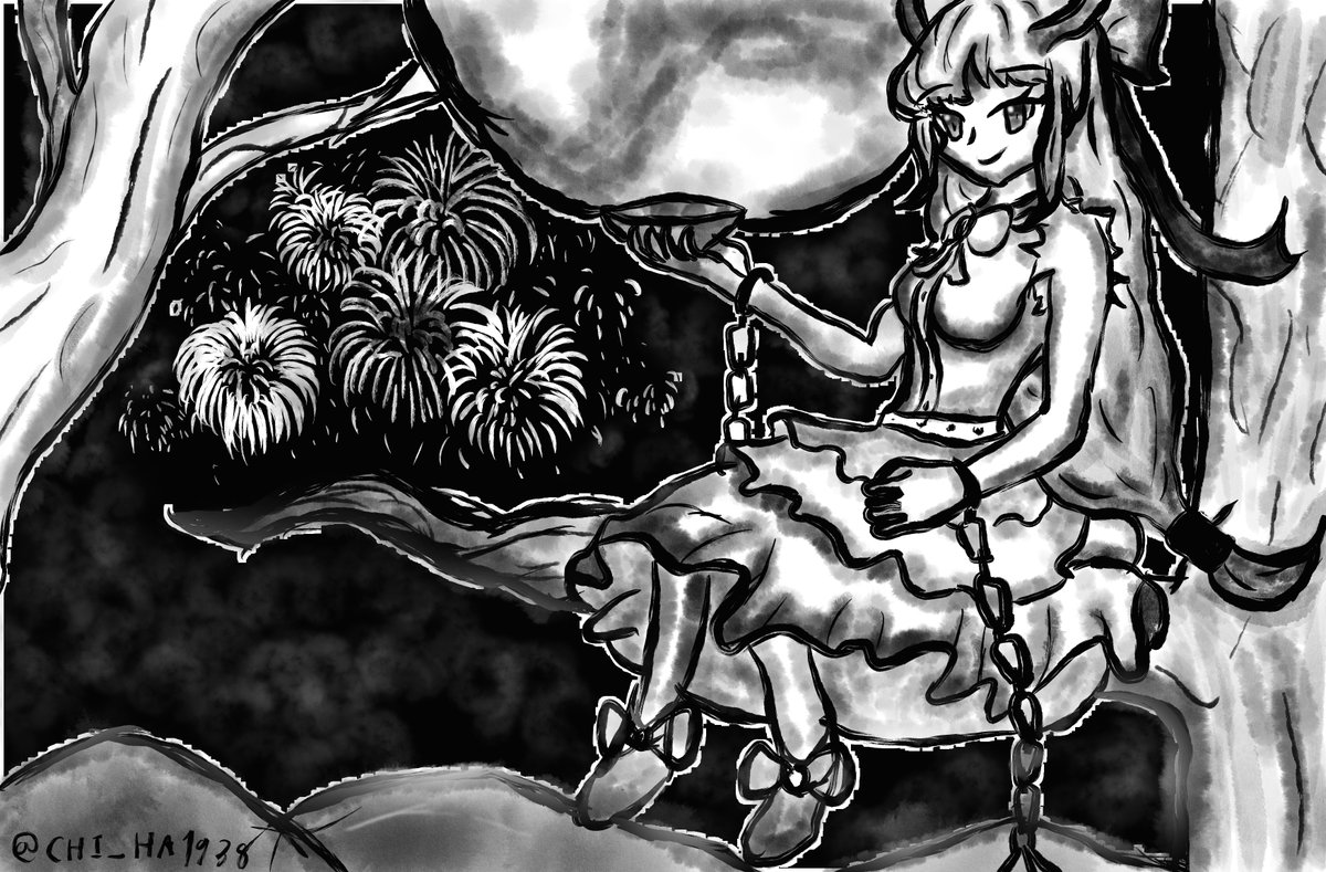 CHI_HA1939's tweet photo. #東方Projectㅤㅤㅤㅤ ＃伊吹萃香
一人で花火を見てる萃香です。 https://t.co/pJ65UIsXaC