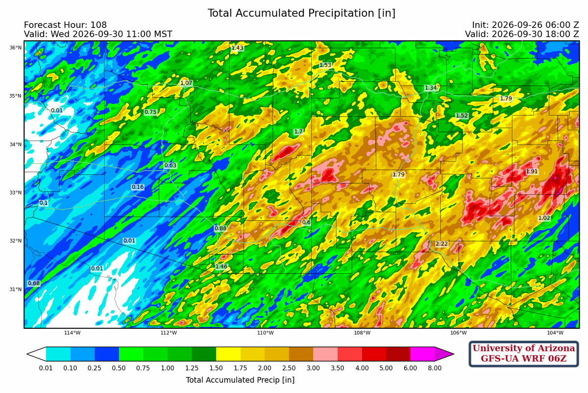 lorigracewx's tweet photo. The UofA WRF HRRR and GFS models forecasting a real soaker coming to Arizona and New Mexico beginning late tomorrow through Tuesday!  Stay weather aware. https://t.co/npwxa3hFCR