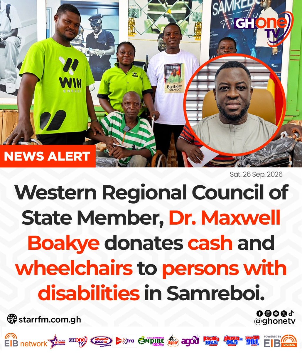 ghonetv's tweet photo. Western Regional Council of State Member, Dr. Maxwell Boakye donates cash and wheelchairs to persons with disabilities in Samreboi...

#EIBNetwork #GHOneTV
#GHOneNews #NewsAlert https://t.co/y4YggK2lO3