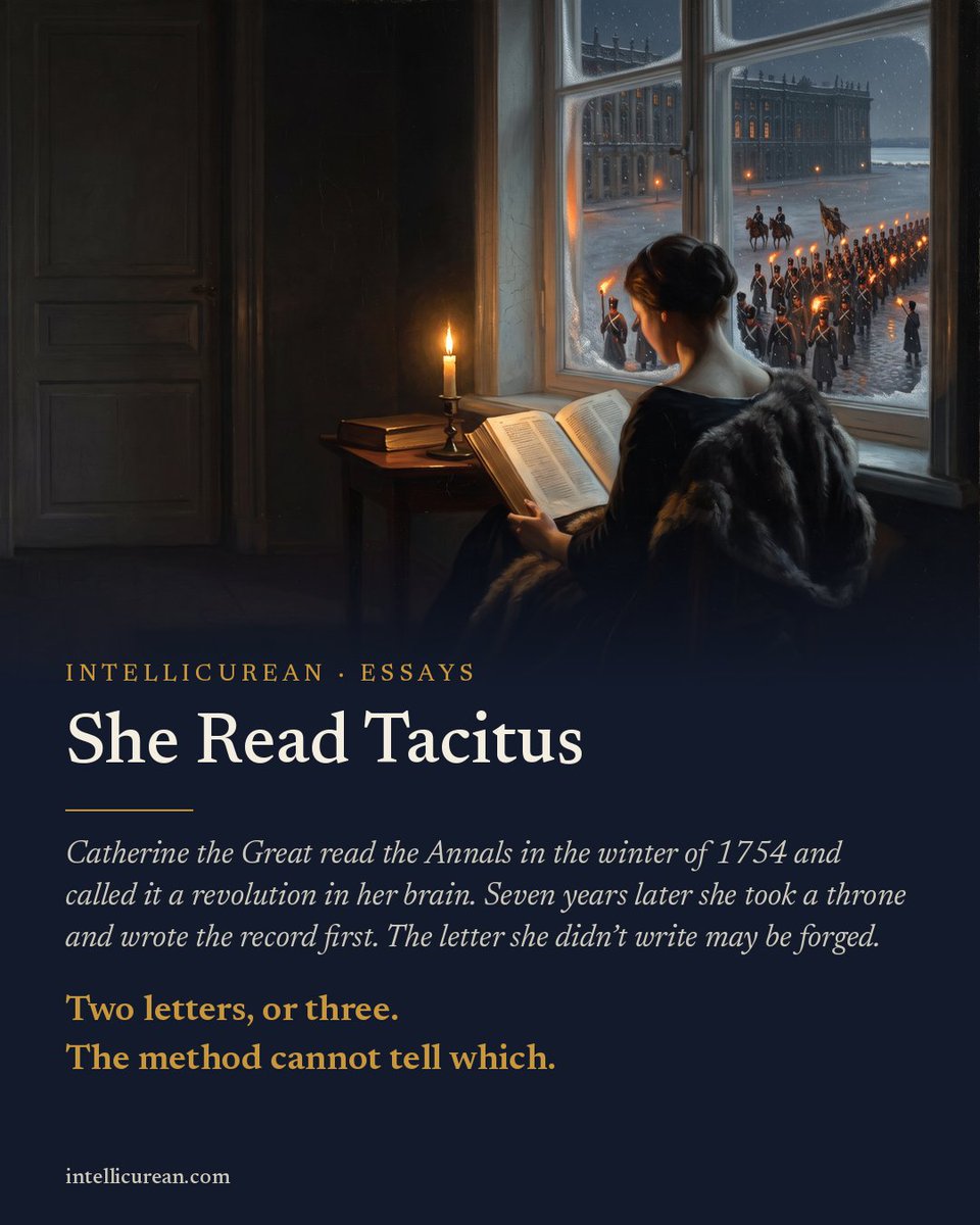 Intellicurious's tweet photo. Winter, 1754. A grand duchess of 25 has had her newborn son taken from her by the Empress. She has the winter and a room. She reads Baronius, then Montesquieu, then the Annals of Tacitus, which, she wrote later, "caused a singular revolution in my brain." https://t.co/humFEzCDjC