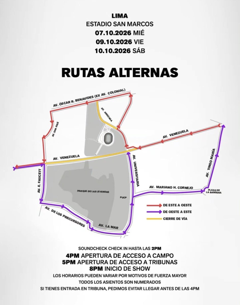 ccarmypee's tweet photo. 🚗 RUTAS Y TRÁFICO (VÍAS ALTERNAS) 👇

Tengan en cuenta que la Av. Venezuela frente al estadio estará cerrada ‼️👀

• Si vienes de Este a Oeste (hacia Callao): Toma el desvío por Av. Tingo María / Av. Óscar R. Benavides (ex Colonial) / Av. Faucett.

+ https://t.co/fRXc3uFXPo