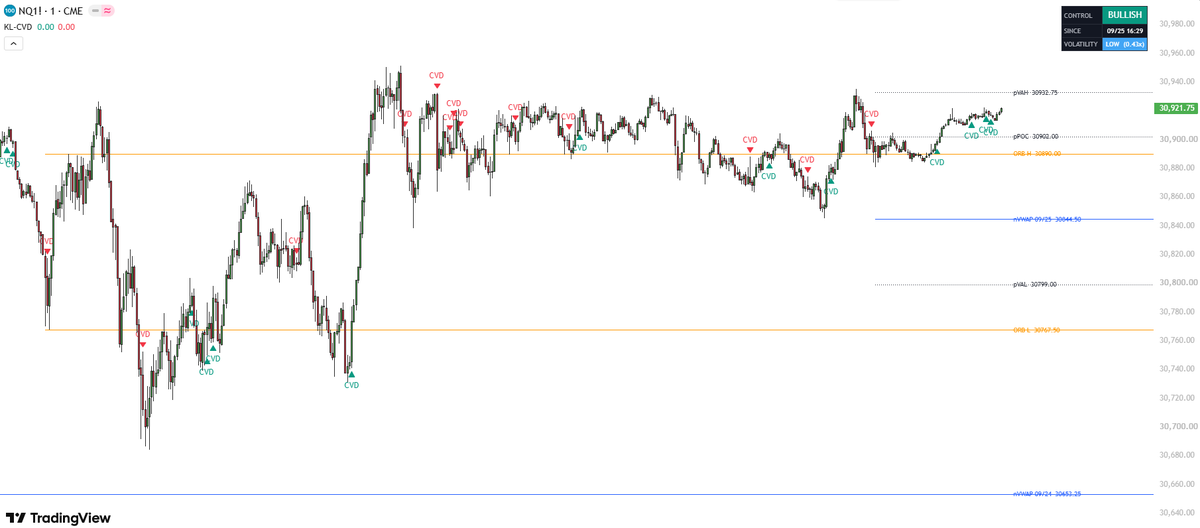 TradesWithMika's tweet photo. Sneak peek at the custom indicator I've been building for $NQ 👀

On the chart, automatically:
• Previous day VAH / POC / VAL
• Naked daily VWAP closes (last 3 days)
• 15 min ORB high & low
• Live volatility read based on contracts traded

The CVD markers are NOT entry signals. They show you in real time who's in control, bulls or bears, by spotting divergences between order flow and price.

More coming soon...