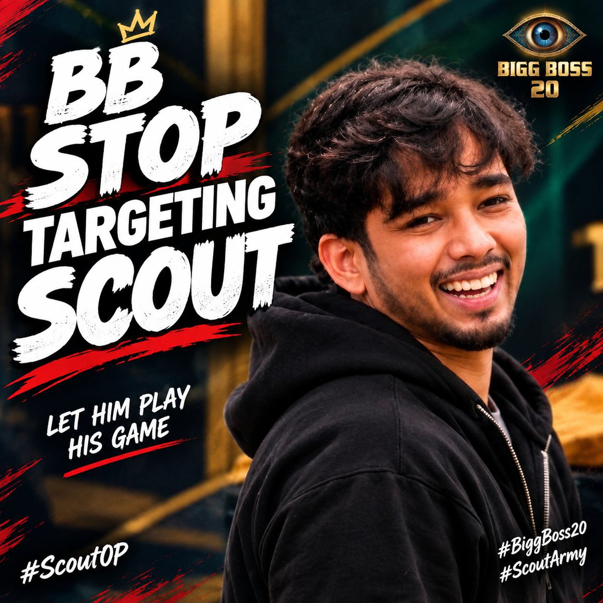 SCOUTOPCULT's tweet photo. BB STOP TARGETING SCOUT

Scout ko baar-baar target karne se uski game nahi rukegi  

Scout Army aur audience uske saath khadi hai. 🦅🔥

Fair game rakho, unnecessary narratives nahi. Let Scout OP play his own game! 👑 https://t.co/pFrdWYulOu