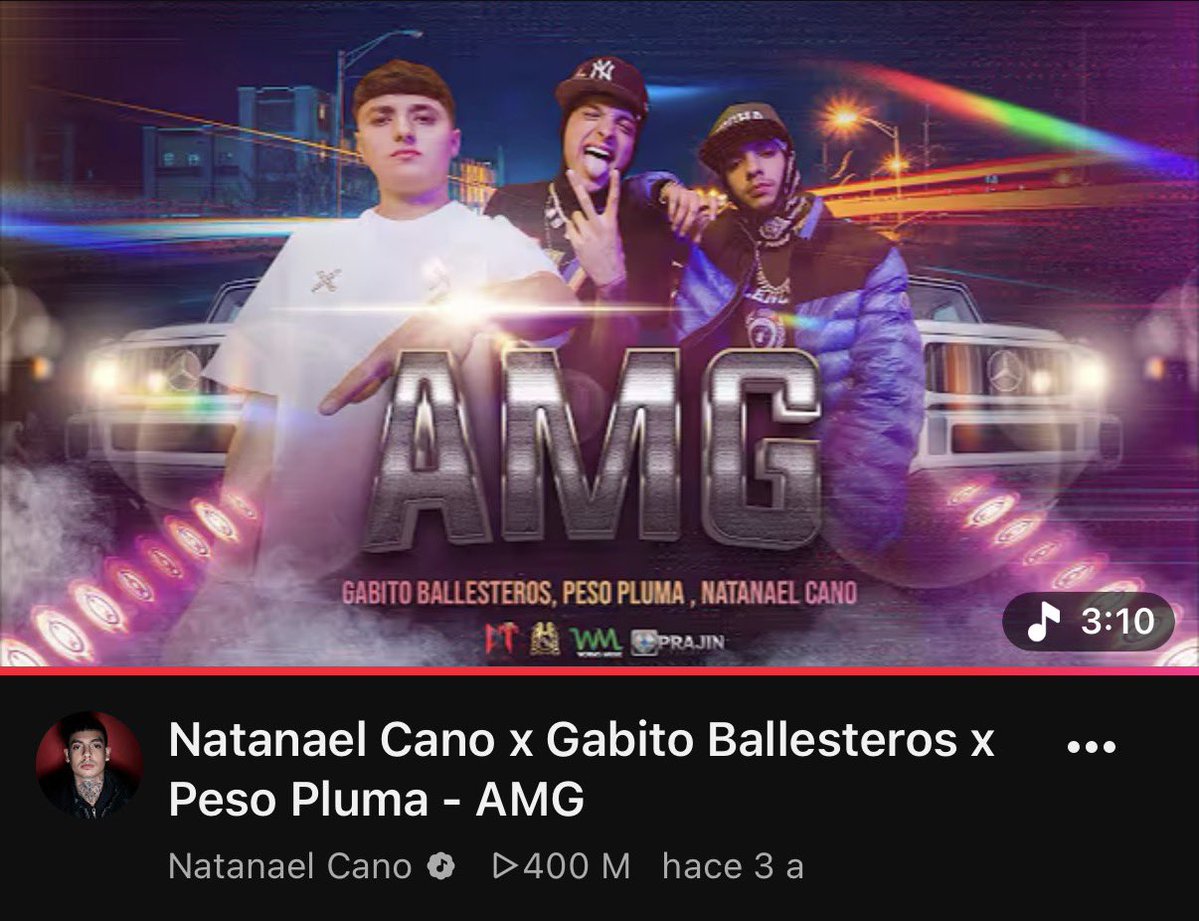 Natanael_Charts's tweet photo. "AMG" de Natanael Cano, Gabito Ballesteros &amp; Peso Pluma, ya supera los 400 MILLONES de visualizaciones en Youtube.

— Es su 2da canción en lograr dicha cifra. https://t.co/Lb9iDSlZDm