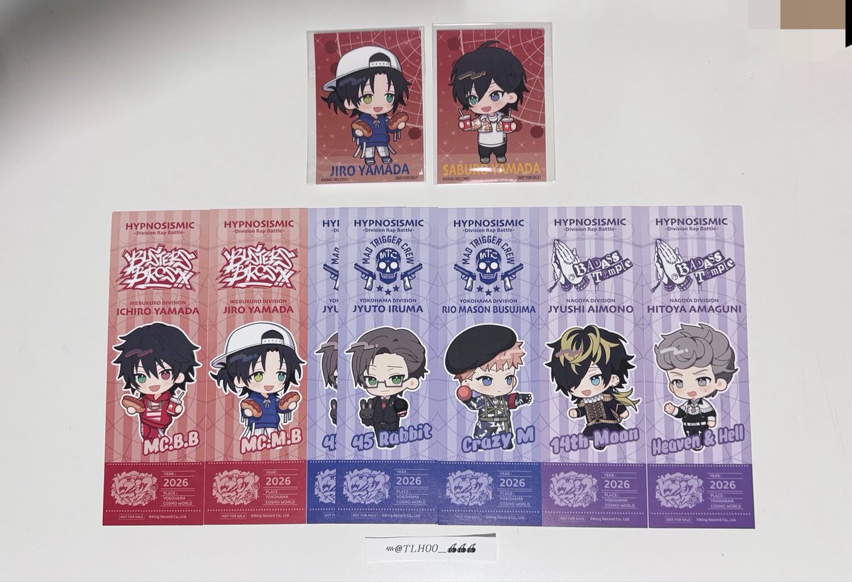 tlh00__'s tweet photo. 【交換】ヒプノシスマイク　ヒプマイ　コスモワールド　特典

【譲】
一郎 二郎 三郎 左馬刻 銃兎 理鶯 乱数 幻太郎 寂雷 一二三 十四 獄

【求】
ステッカー：左馬刻 簓
ミニアクスタ：銃兎＞定価
ミニゲーム特典：簓 盧笙
物販特典：左馬刻 簓

郵送または都内手渡し
お気軽にお声掛けください🕊️ https://t.co/UaD2BgJr1h