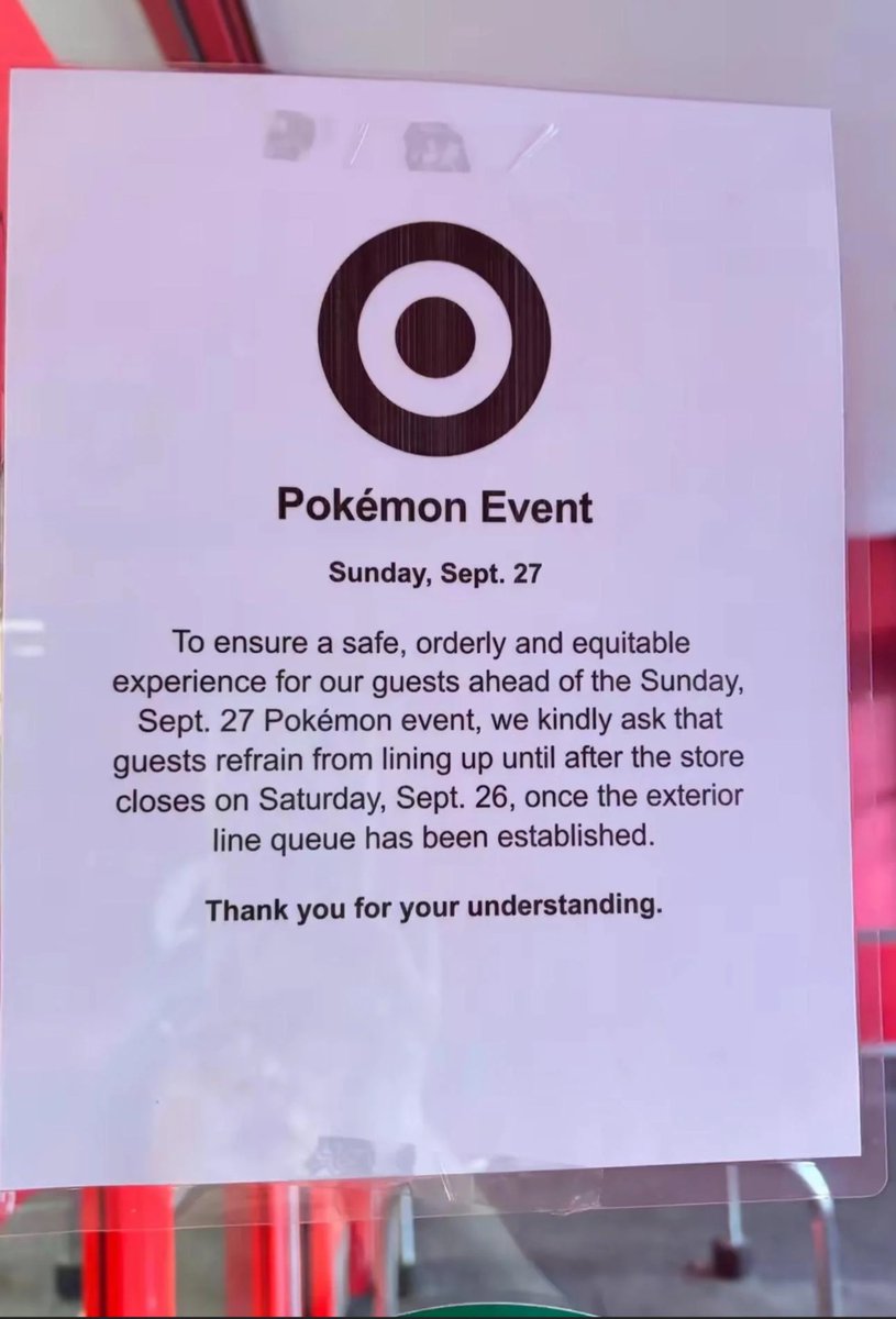 PokeTCGAlerts's tweet photo. Reminder about Target Event tomorrow 🎯 

We are already seeing Target locations putting up signs for tomorrow's event from 12pm-4pm. One location is asking that people do not line up until after closing tonight. Yes you read that right, AFTER CLOSING TONIGHT 😭 looks like many are already anticipating it being crazy

Despite the event being advertised as a "family event", I have spoken to employees from multiple locations near us and they all are saying anyone can participate, and they will not be preventing the unwashed from joining and getting tickets to later just resell the cards and promos in the parking lots 

Here's a breakdown of everything for tomorrow:

- Around 100 people per store will be given tickets on a first come first served basis
- Each ticket will allow the individual to get 2 per SKU of each 30th Celebration item in stock (varies by location, looks like all participating are getting ex tins, but some will get ETBs and Poster Collections) and 1 Mewtwo 30th Stamped promo card
- Ticket holders are also expected to get a small activity bag designed for the family portion of the event, including drawing your own Pokémon

Are you planning on checking out the event? Let me know!

#PokemonTCG