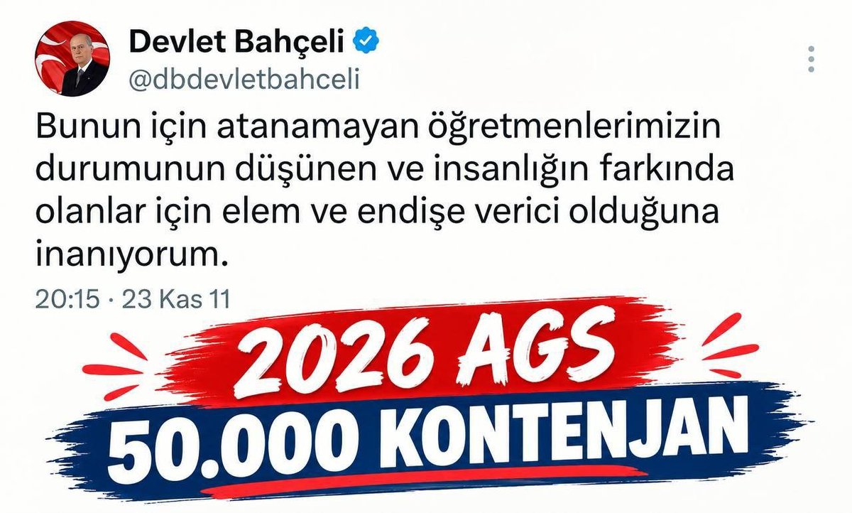 scofields22's tweet photo. On binlerce gencin umudunu yeşertmek adına, 2026 AGS’de 50 bin kontenjan konusunda Sayın Devlet Bahçeli'nin desteğini göreceğimizi ümit ediyoruz. @RTErdogan @Yusuf__Tekin @oktay_saral @dbdevletbahceli @PrfDrFilizKilic @MHP_Bilgi #DevletBeyAGS50Bin https://t.co/wJbMAS38Wy