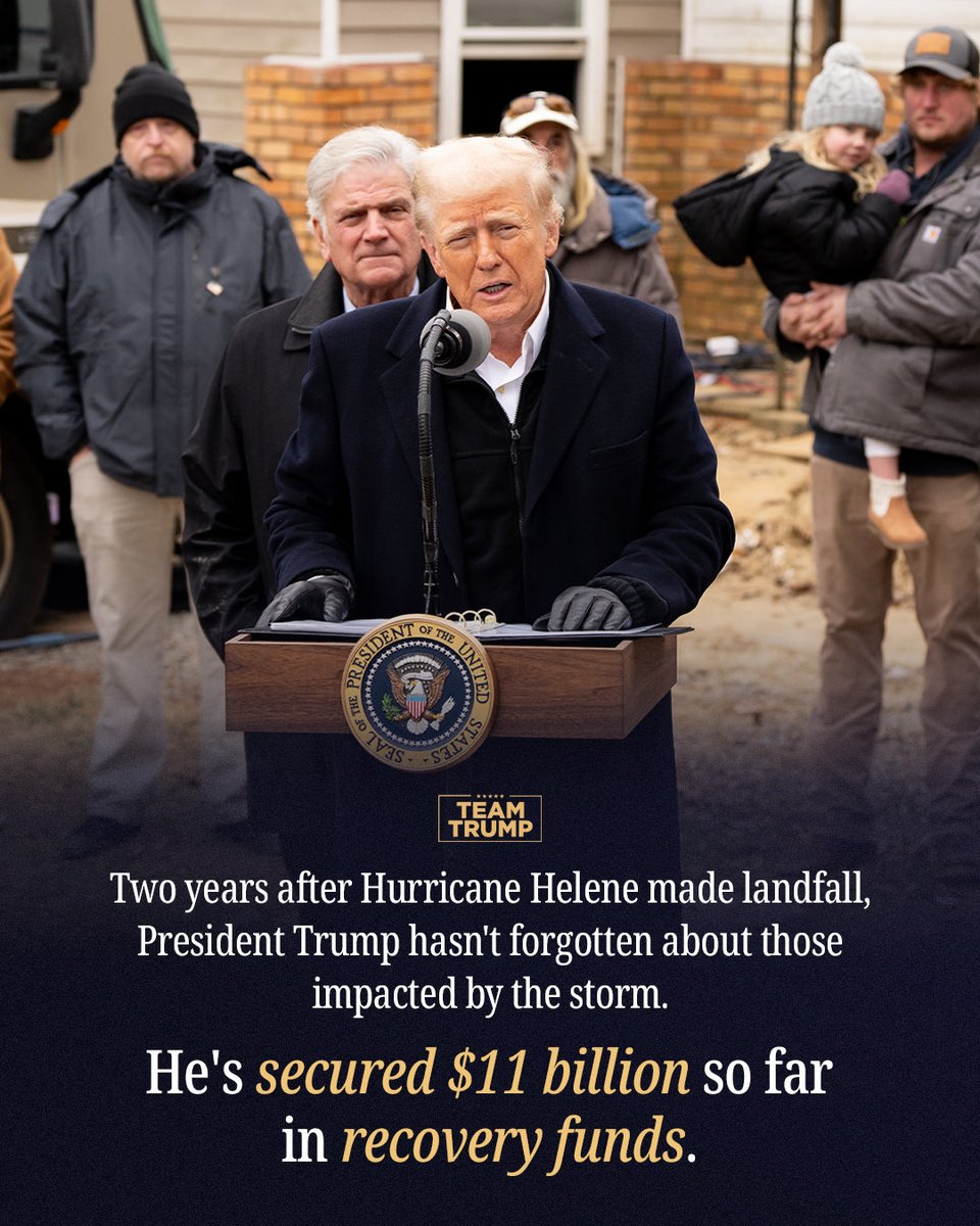 TrumpWarRoom's tweet photo. Two years ago, Hurricane Helene devastated Western North Carolina and neighboring states.

President Trump has never stopped fighting for the victims of the storm. The road to recovery continues and President Trump will keep working for those who lost everything. https://t.co/FXuhZflKSD