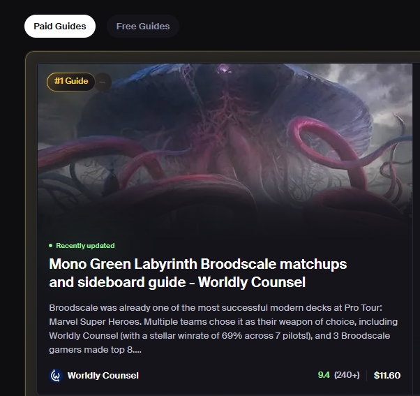 worldlycounsel's tweet photo. We just released an update to our Mono-G Broodscale guide!😁🦎 

What's new:

- Approaches to the Energy and Living End matchups
- Additional notes on the Mirror and Prowess matchups
- Updated decklist and sideboard guide

We also want to thank you all for the amazing support on our @TryMetafy  guide content! 
Our Mono-G Broodscale guide has been sitting comfortably in first place on the platform's leaderboard 🤩

Link to our complete broodscale guide, the current king of modern, below 
⬇️⬇️⬇️