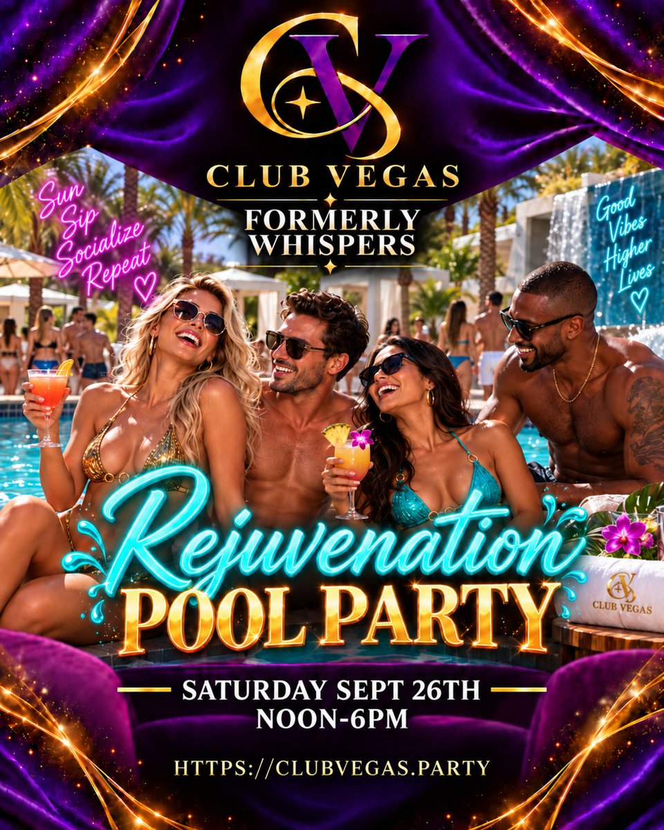 ClubVegasLS's tweet photo. 💦 Swimsuit on. Let’s GO! Rejuvenation Pool Party starts at NOON TODAY at Club Vegas. Grab your crew and meet us poolside! 💜

☀️ Sat, Sept. 26 | NOON–6PM
Sun. Sip. Socialize. Repeat.

https://t.co/L4FyjOF79v
#ClubVegas #VegasPoolParty https://t.co/QOCMEcCg51