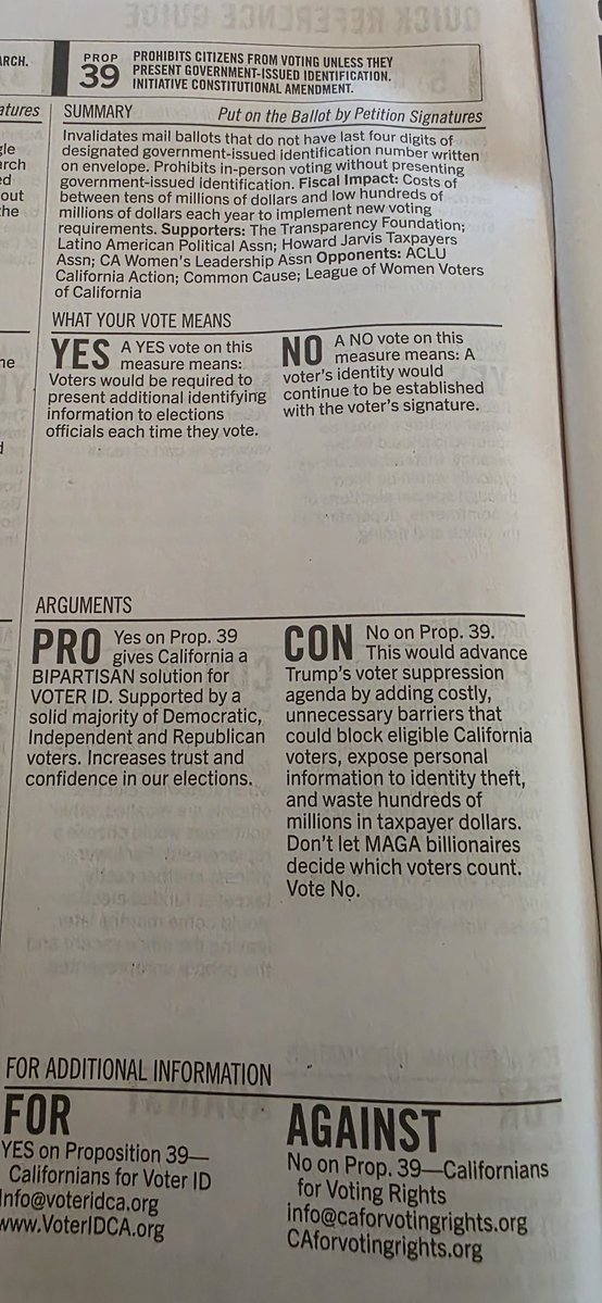 Eaglestine's tweet photo. @RepCarbajal California’s official voter guide just called Voter ID “Trump’s voter suppression agenda” and warned against “MAGA billionaires.”In the state ballot pamphlet.This is how California “informs” voters.@FoxNews
 @seanhannity
 @carldemaio
  #Prop39 #VoterID #YesOn39 https://t.co/WHMB2FlQ9P