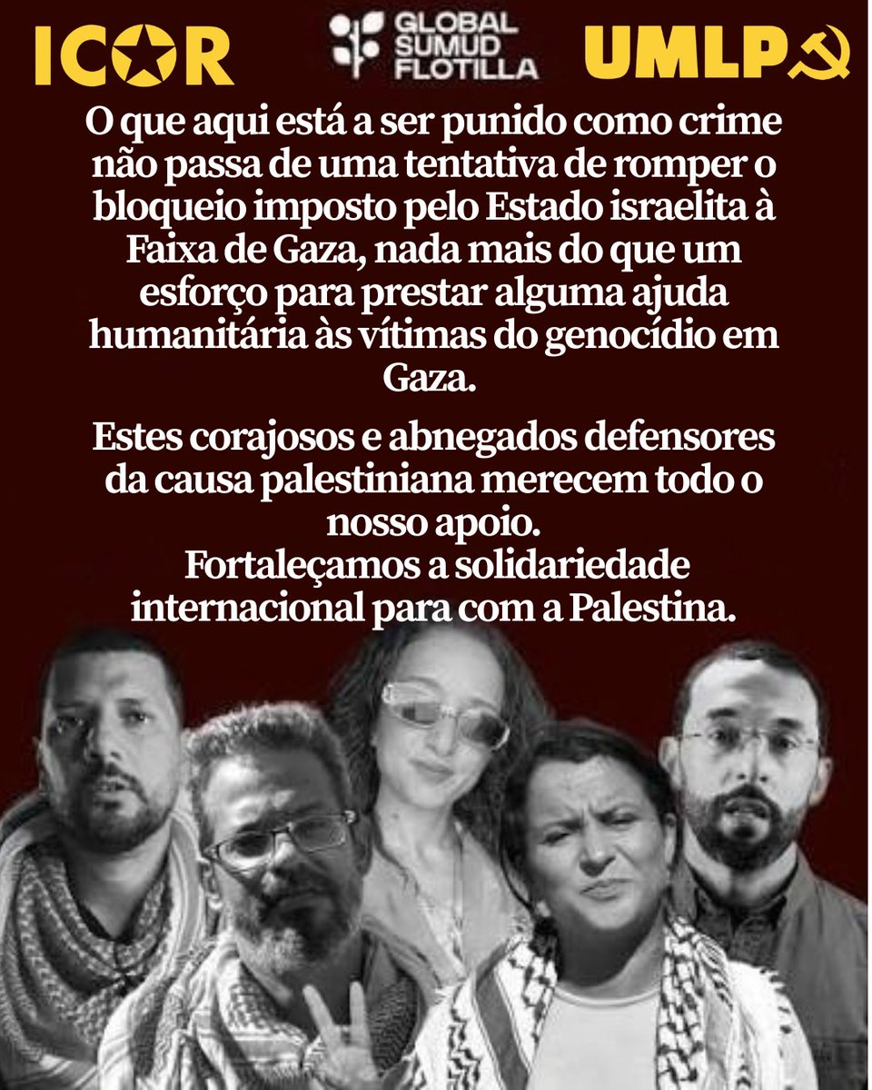 UMLP_PT's tweet photo. Liberdade Imediata para os detidos da Flotilha Sumud presos na Tunísia!

O governo tunisino mantém vários ativistas da Frota Sumud detidos em condições terríveis. Após várias semanas em greve de fome, as suas próprias vidas estão agora em risco.

Liberdade para a Palestina! https://t.co/YmgrxZKfDJ