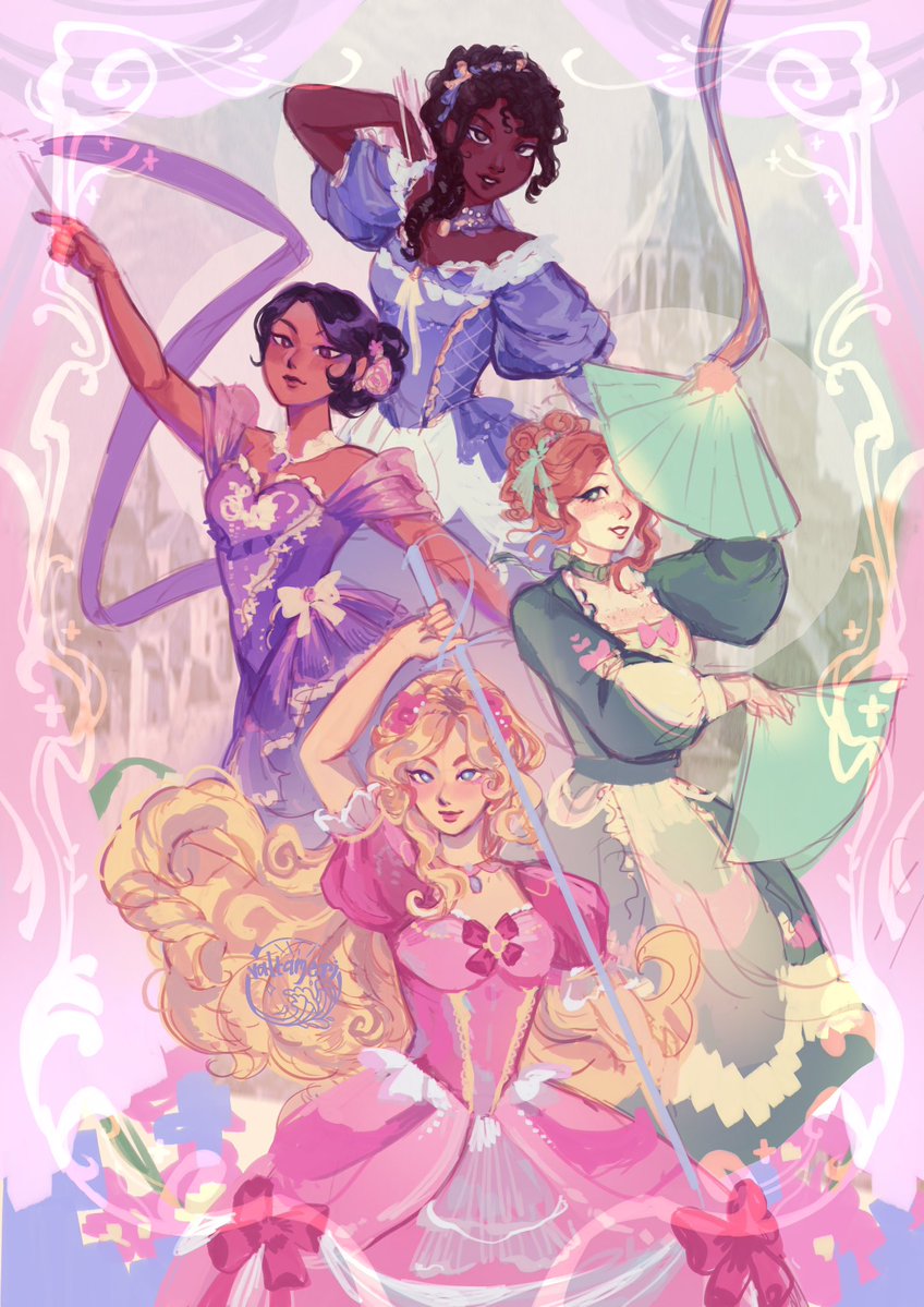 v_altameri's tweet photo. barbie and the three musketeers wip!!! i plan to have them as gold foiled prints at comifuro 🤞 having a lot of fun designing their elaborate rococo inspired dresses… they deserve better than copy paste dresses and hairstyles 😭 

#cf23 #comifuroxxiii #artistalley https://t.co/G58WahJWAS