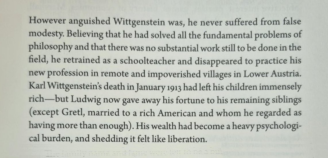 PAHoyeck's tweet photo. I have mixed feelings about Wittgenstein as a person, but I’ve always admired his decision to quit philosophy after publishing the Tractatus. How many academics would have the honesty to stop publishing if they thought there was nothing useful to do in their discipline?