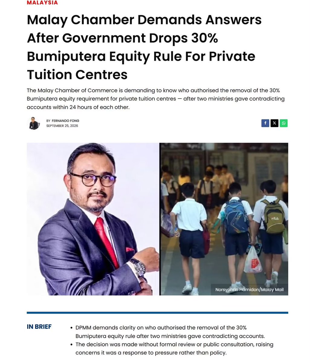sitikasim's tweet photo. They want answers? 

Here is the answer: a tuition centre exists to educate children—not to distribute compulsory shares according to race.

If the Malay Chamber genuinely wants to uplift Bumiputera entrepreneurs, help them establish, finance and operate excellent tuition centres. Compete through quality, innovation and hard work. Do not demand that Malays be inserted into businesses built by others merely to satisfy a racial quota.

The government should be questioned for proposing such an unjust policy in the first place—not condemned for withdrawing it. Our children need better teachers and affordable tuition, not racial gatekeepers inspecting company shareholdings.

Stop reducing Malay advancement to a compulsory 30% stake in somebody else’s effort. Malays do not need forced equity to succeed. We need opportunity, education and fair access to capital—not racial entitlement dressed up as empowerment.

========================================

Menuntut jawapan? 

Inilah jawapannya: pusat tuisyen ditubuhkan untuk mendidik anak-anak—bukan untuk mengagihkan saham secara paksa mengikut kaum.

Jika Dewan Perniagaan Melayu benar-benar mahu memperkasakan usahawan Bumiputera, bantulah mereka menubuhkan, membiayai dan mengendalikan pusat tuisyen yang cemerlang. Bersainglah melalui mutu, inovasi dan usaha gigih. Jangan tuntut orang Melayu dimasukkan ke dalam perniagaan yang dibina oleh orang lain semata-mata untuk memenuhi kuota perkauman.

Kerajaan sepatutnya dipersoalkan kerana mencadangkan dasar yang tidak adil ini dari awal—bukan dikecam kerana menariknya balik. Anak-anak kita memerlukan guru yang lebih baik dan tuisyen yang mampu dibayar, bukannya penjaga pintu berasaskan kaum yang memeriksa pegangan saham syarikat.

Berhentilah merendahkan kemajuan orang Melayu kepada tuntutan 30% saham secara paksa daripada hasil usaha orang lain. Orang Melayu tidak memerlukan ekuiti paksaan untuk berjaya. Kita memerlukan peluang, pendidikan dan akses pembiayaan yang adil—bukan hak istimewa perkauman yang disolek sebagai pemerkasaan.

SITI KASIM