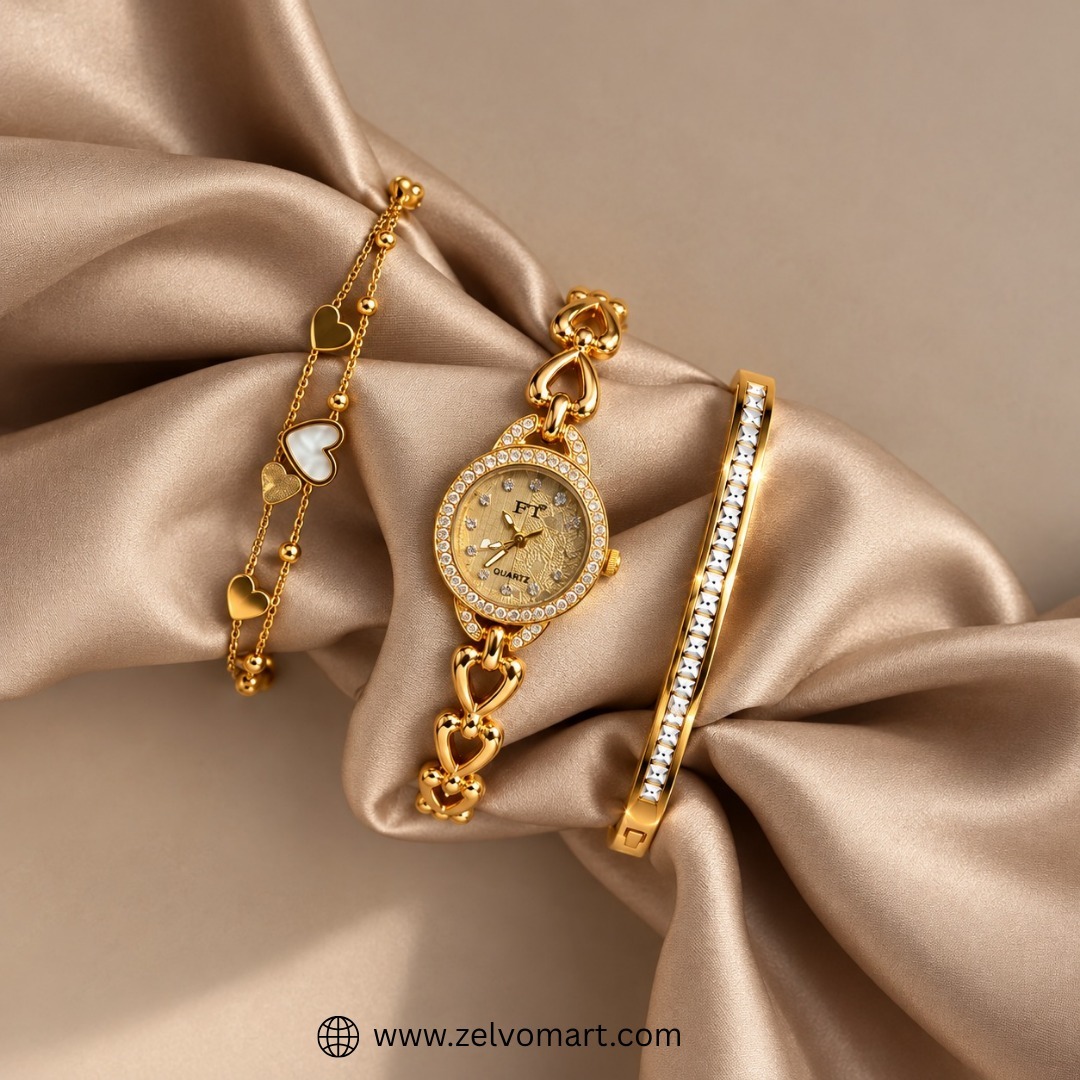 Zelvomart's tweet photo. Watch, bracelet, bangle. Stack all three or wear one at a time.
Gold-tone jewellery set, COD across Pakistan.
https://t.co/AQaJ8dvyXu
#Zelvomart #fyp https://t.co/rBJWJriHyP
