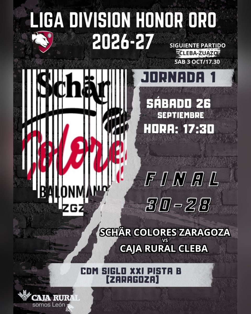 ClebaLeonBm's tweet photo. ¡HOY JUGAMOS!⚫🔴
📍 Jornada 1 #DHOrofem | CDM Siglo XXI Pista B (Zaragoza)
⌚ RESULTADO FINAL
Schär @cbmcolores Zaragoza 30 🆚 Caja Rural Cleba 28
📱 https://t.co/YJQKcD0fXk
🤜🤛 "Juntas en la grada, invencibles en la cancha”
#cleba #sumaysigue #30aniversario #balonmano https://t.co/G6yN63Mwec