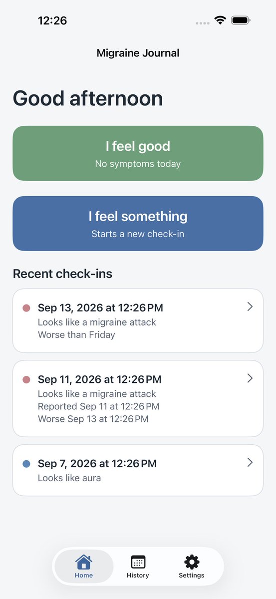 CoinAndCaliber's tweet photo. I built an iPhone app for my wife, and it's live on the App Store today.

Phases Migraine Journal is a private journal for migraine days and good days. No account, no cloud, no ads.

I'm not an iOS developer. I made it in about two weeks with @Bot. https://t.co/vHEAU0RFNE