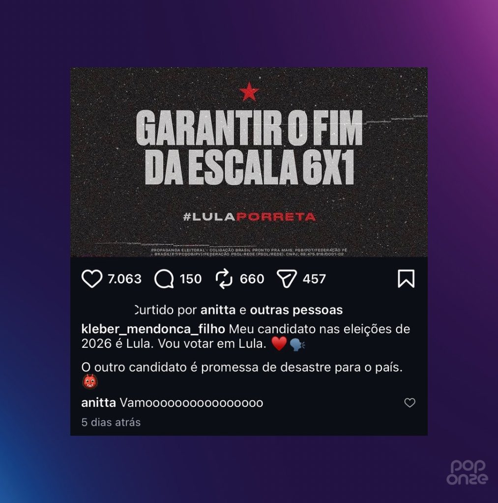 poponze's tweet photo. Anitta reiterou seu apoio à reeleição do presidente Lula em um post do cineasta Kleber Mendonça Filho. https://t.co/5BMdOJkuHc