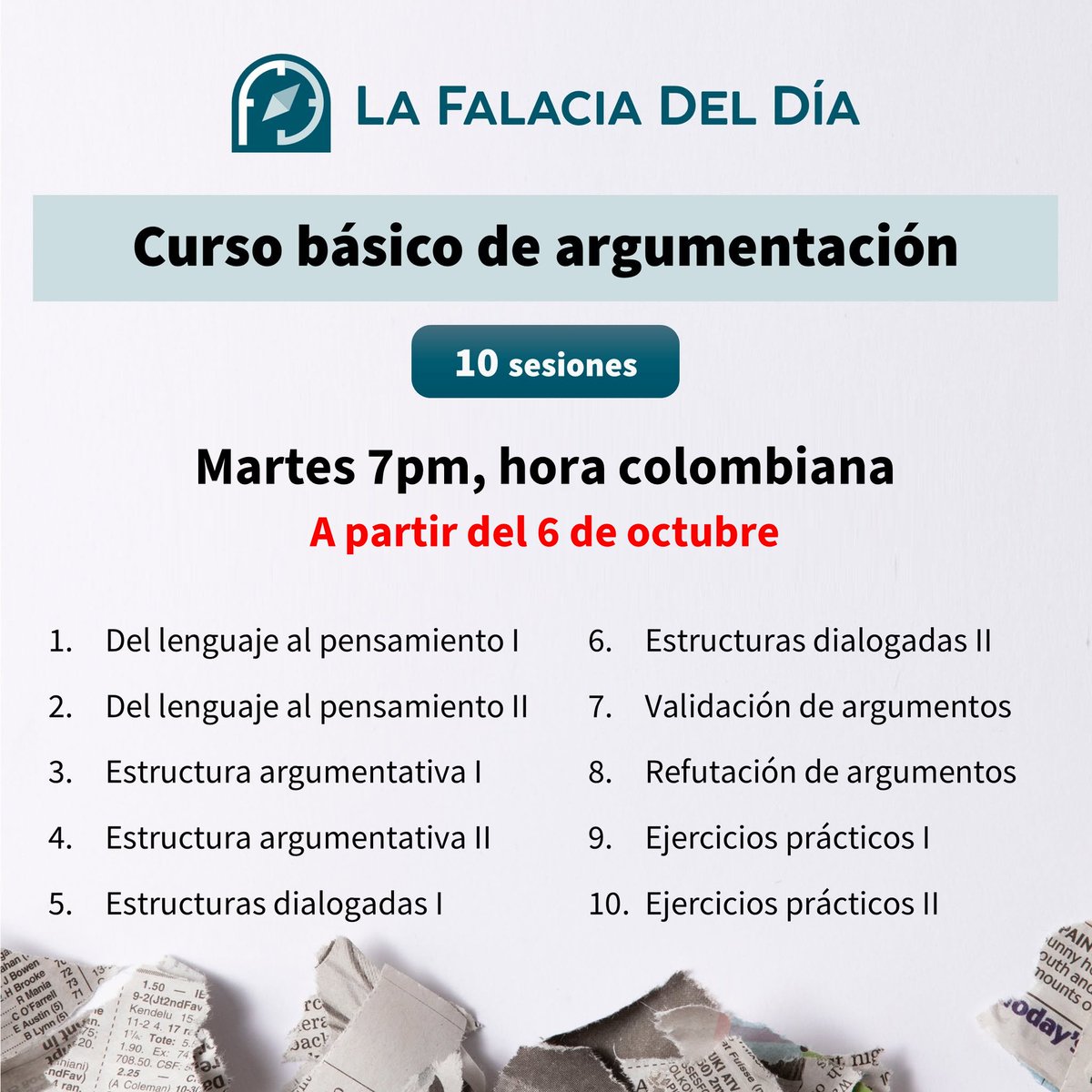 FalaciaDelDia's tweet photo. ¡Buen día, mundo!

El 6 de octubre comenzará el curso básico de argumentación, que pueden tomar personas que recién se acercan al tema.

Será los martes a las 7pm, hora colombiana, cuesta 280.000 COP o 90 dólares, y tiene 10 sesiones con la siguiente secuencia:

¿Alguna Pregunta? https://t.co/nkBEkx2Hz9