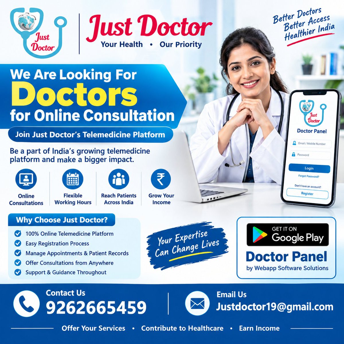 JustDoctorIndia's tweet photo. Be a part of Just Doctor’s Telemedicine Platform and shape the future of healthcare.
📱 Download the app on Google Play
📲 Easy registration &amp; login through the Doctor Panel
Contact Us:
📞 9262665459
📧 Justdoctor19@gmail.com /3 https://t.co/VKJHbAfbCa