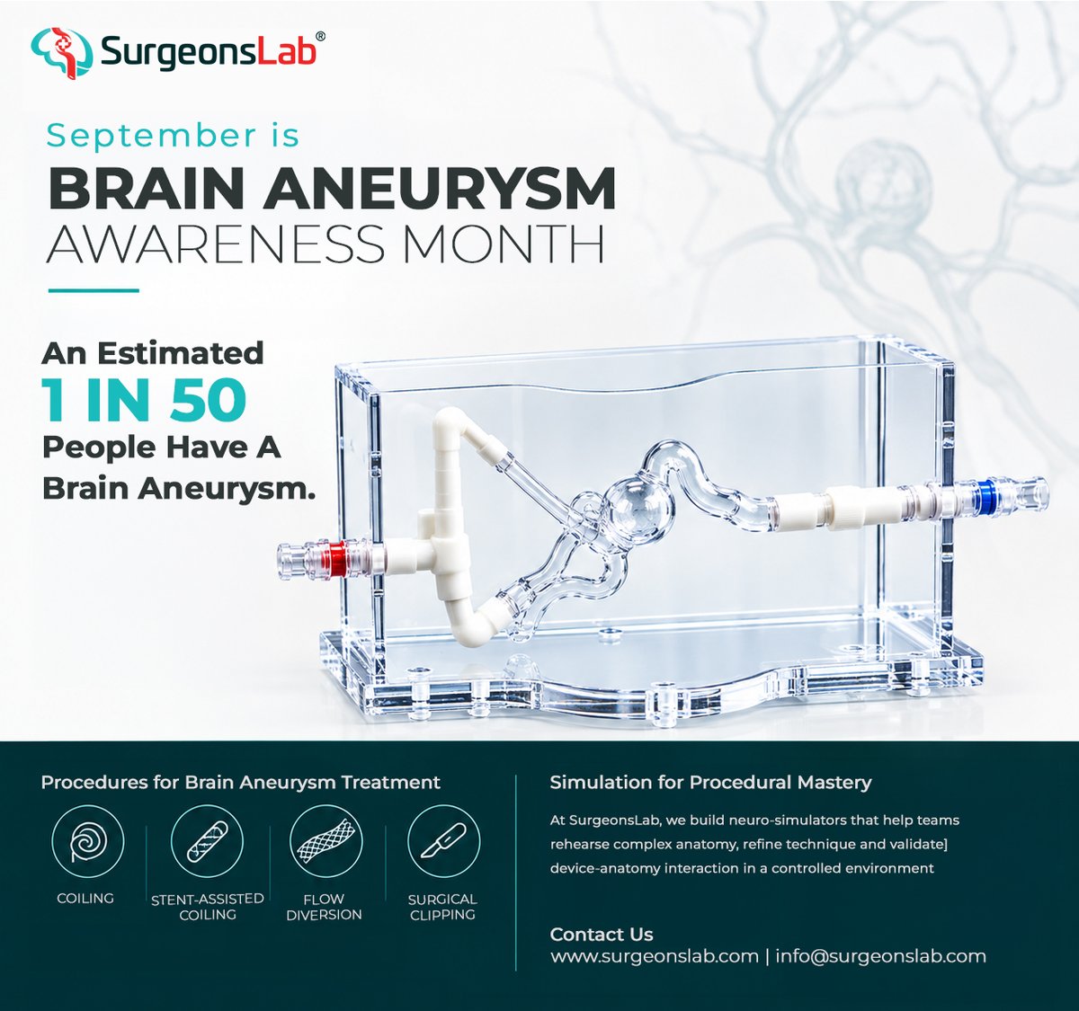 SurgeonsLab's tweet photo. September is Brain Aneurysm Awareness Month.

A brain aneurysm is a weakened area in a cerebral artery wall that can create a complex clinical and procedural challenge.

1 in 50 individual have an unruptured cerebral aneurysm. When the aneurysm ruptures, the clinical impact is immediate—a critical stroke event carrying a 50% mortality rate.

Treatment may involve coiling, stent-assisted coiling, flow diversion, or surgical clipping, depending on the aneurysm and the clinical situation.

For neurovascular teams, whether deploying endovascular techniques like coiling, stent-assisted coiling, and flow diversion, or executing microsurgical clipping, navigating complex vessel tortuosity and delicate wall geometries leaves zero margin for error. Operative success relies on device behavior, precise positioning, and thorough anatomical familiarity before making the first access site.

This Brain Aneurysm Awareness Month, the focus must extend beyond detection to procedural mastery.

Rehearsing complex anatomy and device–anatomy interaction in a controlled environment can support technical training and procedural mastery.

At SurgeonsLab, we develop neuro-simulators designed to help teams rehearse, refine challenging neurovascular procedures and validate neurovascular devices faster.

This month is an opportunity to raise awareness, support education, and keep advancing preparation for complex cases.

Rehearse the anatomy. Refine the technique. Be ready for the procedure.

#BrainAneurysmAwarenessMonth #BrainAneurysm #Neurovascular #Neurointervention #MedicalSimulation #EndovascularTraining #SurgeonsLab #MedTech