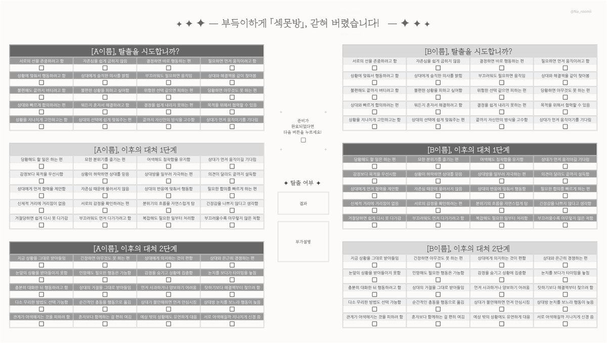 Na_roomii's tweet photo. #체크리스트 부득이하게 「섹못방」, 갇혀 버렸습니다!

관계캐와 섹못방에 갇힌다면 탈출할 수 있을까요!? 😳
탈출 성공/실패 각각 15개의 결과값이 존재합니다!

❤ 해당 체크리스트는 일정 기간 무료 배포된 뒤 소액 결제 유료로 전환됩니다! (~2026-09-28 00:00)

https://t.co/MYtoRZRWBE https://t.co/ne5CbMQ3tr