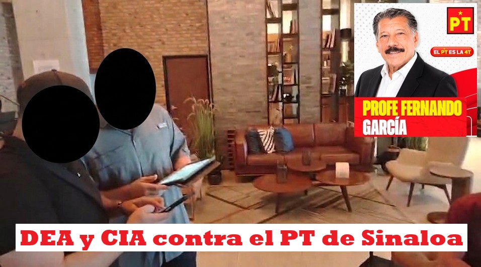 PartidaV's tweet photo. Agentes de la @DEAHQ y la @CIA acusan al @PTnacionalMX de recibir financiamiento del narco.

Carpetas de investigación contra el dirigente en Sinaloa, Fernando García, y @fernandeznorona.

Foto de reunión reciente en El Paso entre agentes de EU, México, Israel y Alemania. https://t.co/WoOJtxHzUk