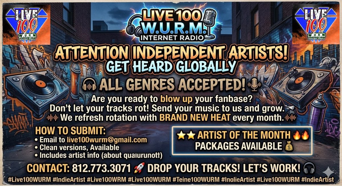 Live100WURM's tweet photo. https://t.co/keKRewh5Li
ATTENTION INDEPENDENT ARTISTS!
You've still got time to be added to the OCTOBER rotation!
Email your music to live100wurm@gmail.com (Clean versions are preferred)! Include your artist name, track title, pics and social links!
#IndependentArtists #NewMusic https://t.co/1AQRGRixVC