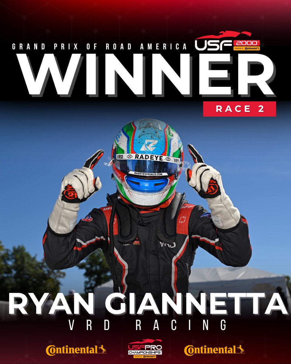 USF2000's tweet photo. Your USF2000 Race 2 winner at Road America: Ryan Giannetta with VRD Racing! Congratulations to Ryan and the team! 🍾👏

#USFPro #INDYCAR #Motorsports  #Continentaltire https://t.co/Tf1yiz4EpA
