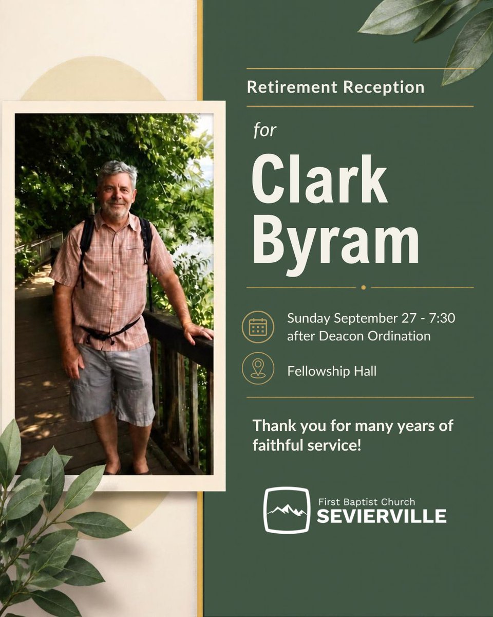 fbcSev's tweet photo. Join us Sunday at 6:30 PM for a Deacon Ordination Service as we ordain three new deacons and honor two new lifetime deacons.

Then, at 7:30 PM, join us in the Fellowship Hall for a retirement reception honoring Clark Byram and celebrating his 16 years of faithful ministry at FBC https://t.co/XA4kBlXQwo