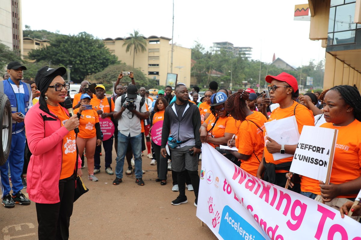 UN_Cameroon's tweet photo. Today in Yaoundé, UN Cameroon, led by UN Women’s @RakyChaupin and UNV Country Director Raoul Bersha, joined MINPROFF NGO &amp; CSO partners in a march to raise awareness against gender-based violence one of the actions marking SDG Week of Action.  

#SDGWeekOfAction #EndGBV https://t.co/qWd2EVNpWz