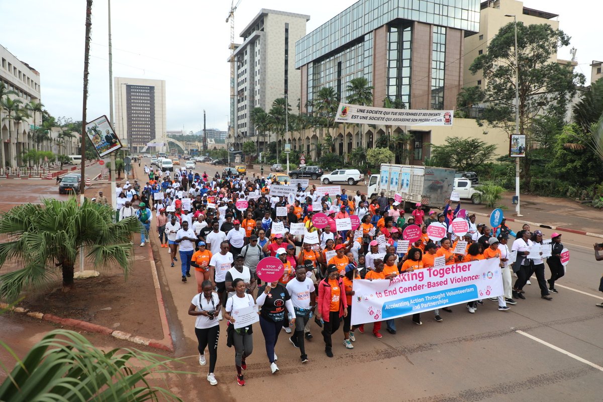 UN_Cameroon's tweet photo. Today in Yaoundé, UN Cameroon, led by UN Women’s @RakyChaupin and UNV Country Director Raoul Bersha, joined MINPROFF NGO &amp; CSO partners in a march to raise awareness against gender-based violence one of the actions marking SDG Week of Action.  

#SDGWeekOfAction #EndGBV https://t.co/qWd2EVNpWz