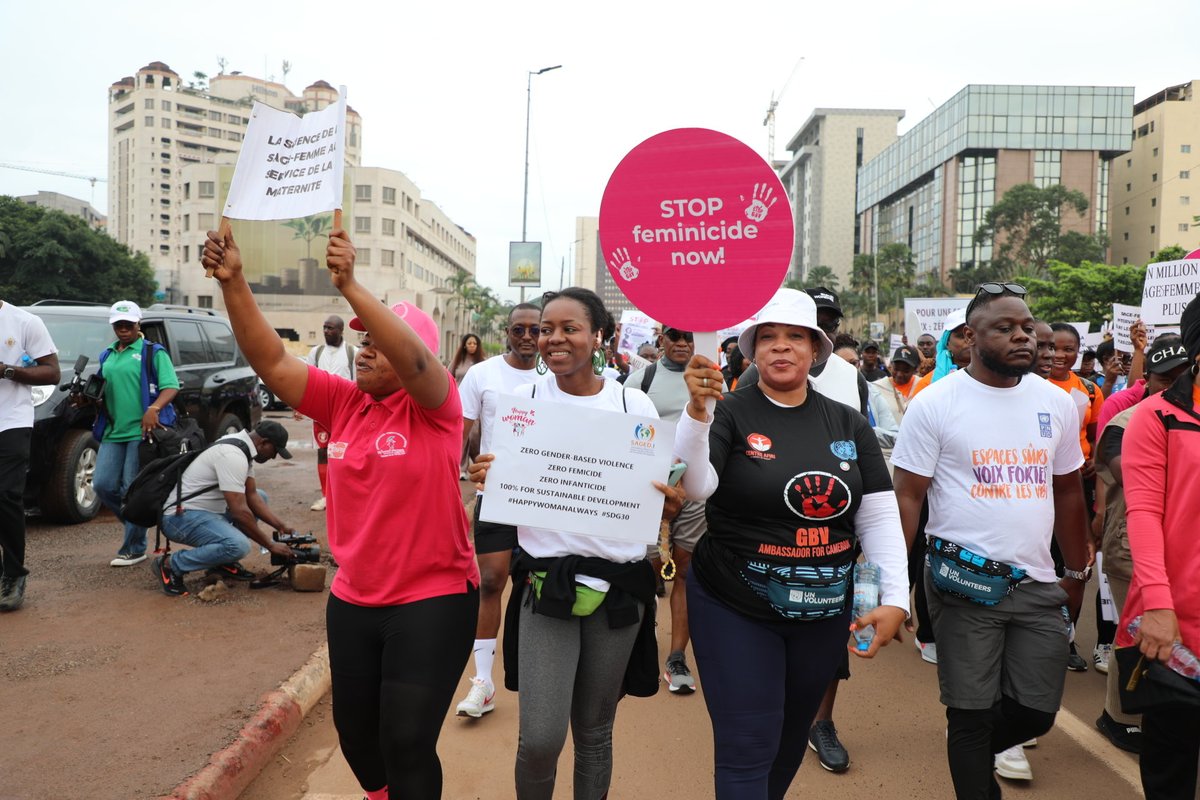 UN_Cameroon's tweet photo. Today in Yaoundé, UN Cameroon, led by UN Women’s @RakyChaupin and UNV Country Director Raoul Bersha, joined MINPROFF NGO &amp; CSO partners in a march to raise awareness against gender-based violence one of the actions marking SDG Week of Action.  

#SDGWeekOfAction #EndGBV https://t.co/qWd2EVNpWz