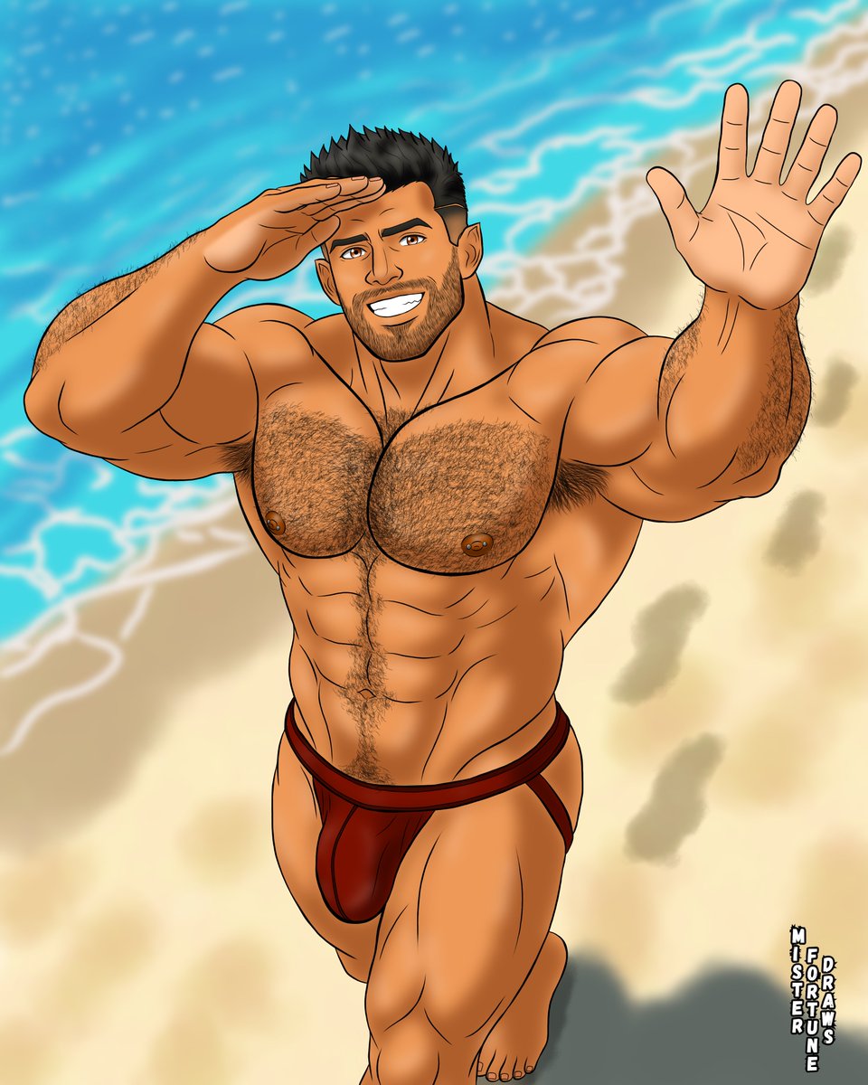 MrFortuneDraws's tweet photo. [Bryn on the Beach]

It still feels like 100⁰+ outside, so you know what that means...🔥🔥

It's still beach time! 🏖🌊

Bryn is @/alrek.bsky.social on Bluesky's FF14 character and OC who is VERY excited to spot you while he's taking a big guy walk on the beach! 💪🏽🥵

#bara https://t.co/G4OywcYO5r